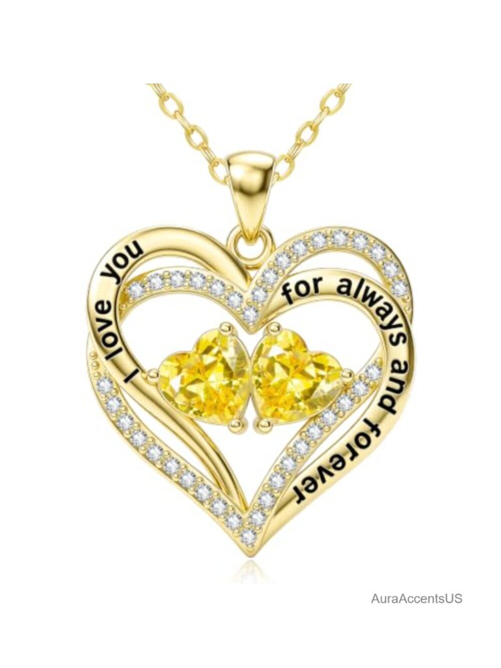 14K Gold Double Heart Pendant Necklace Cubic Zirconia Love Gift Women